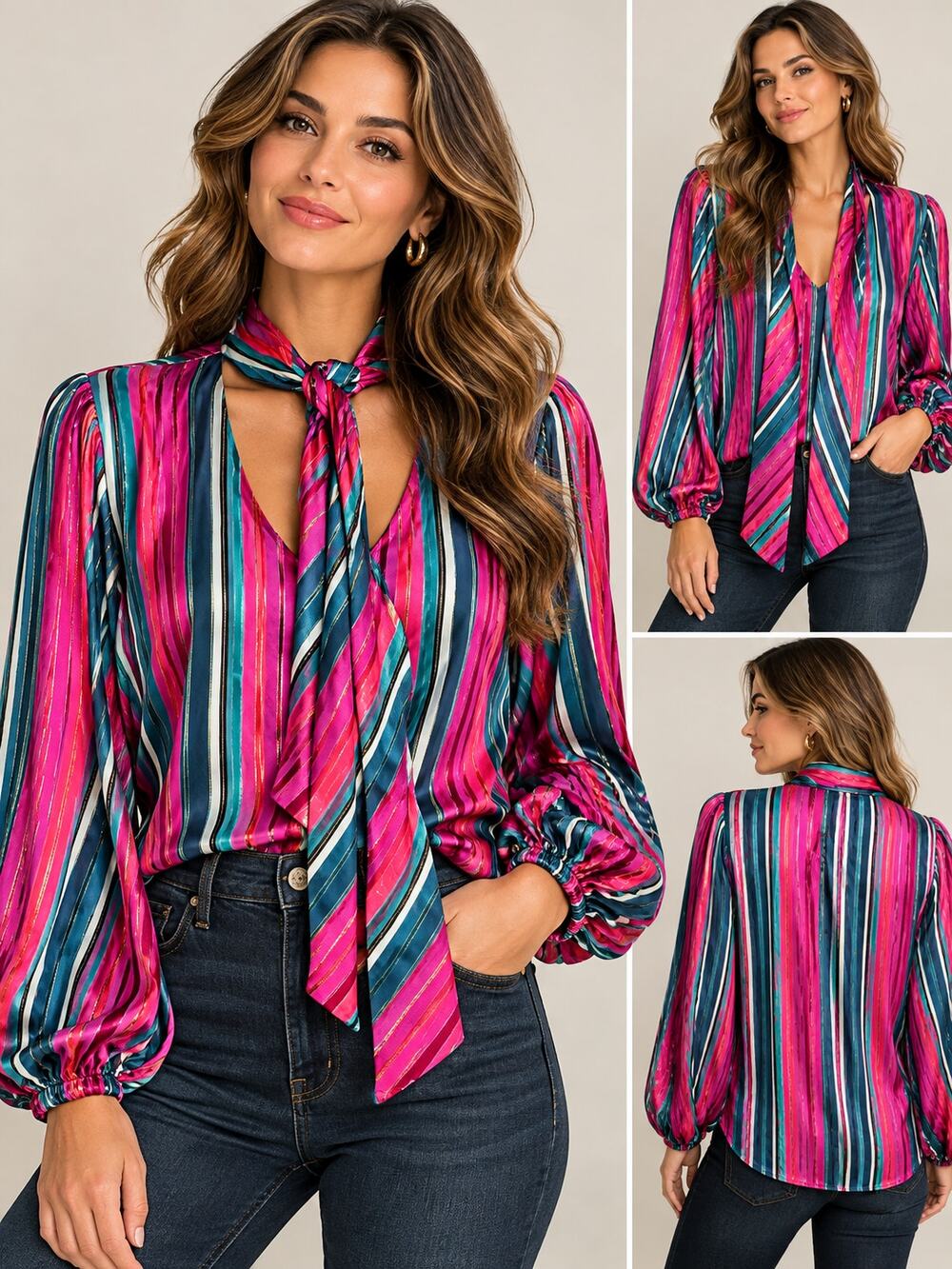 Trina Turk L Silk Metallic Stripe Tie Neck Blouse Pink